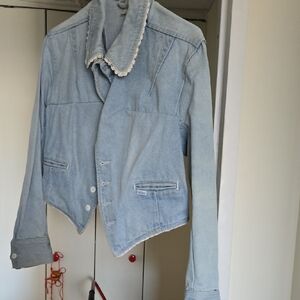 Light Blue Denim Jacket with Lace-Trim Collar
